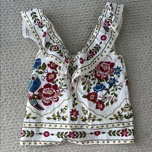 Sezane x Farm Rio White Cream Sleeveless Ruffled Tie Front Blouse